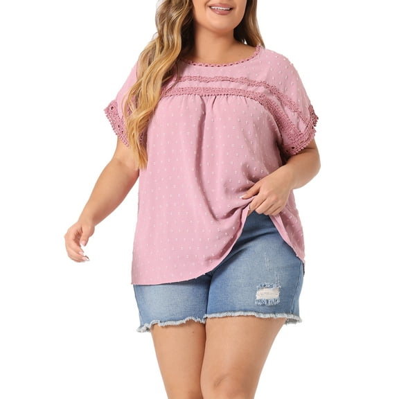 Agnes Orinda Women's Plus Size Tops Chiffon Swiss Dots Short Sleeves Lace Crochet Pleated Blouse 2X Pink