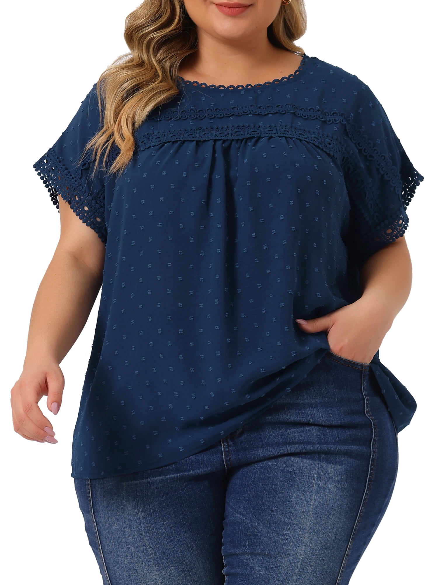 Women's Lace Crochet Cold Shoulder Top - Polka Dot Short Sleeve Blouse For Summer