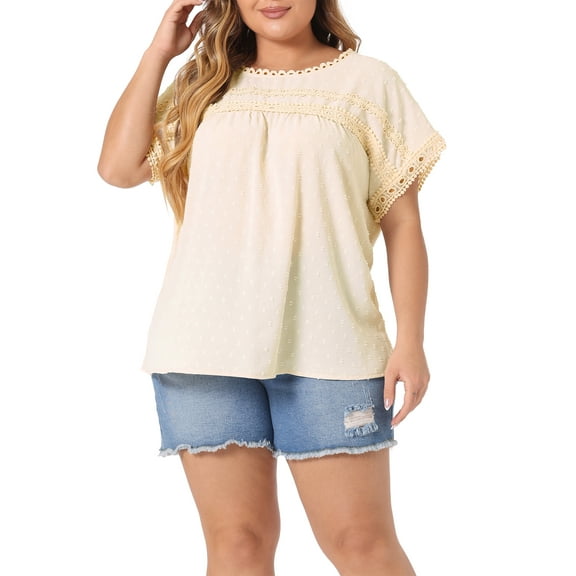 Agnes Orinda Women's Plus Size Tops Chiffon Swiss Dots Short Sleeves Lace Crochet Pleated Blouse 4X Beige