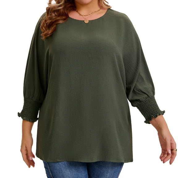 Agnes Orinda Women's Plus Size Chiffon Tops Batwing Ruffle Long Sleeve Casual Loose Shirts Blouses 4X Army Green