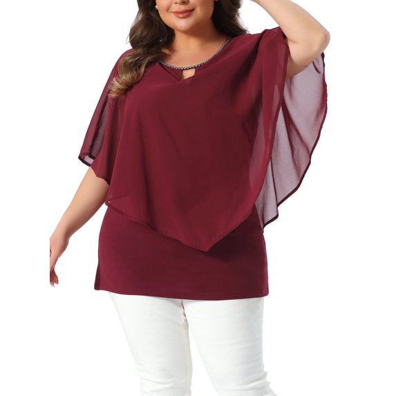 Agnes Orinda Women's Plus Size Chiffon Tops Double-Layered Overlay Keyhole Neck Flowy Shirt Lightweight Casual Blouses 3X Burgundy
