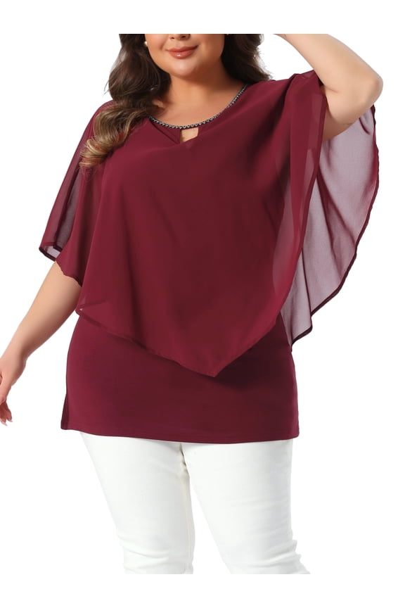 Women's Plus Size Chiffon Tops Double-Layered Overlay Keyhole Neck Flowy Shirt Lightweight Casual Blouses 4X Burgundy