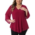 thumbnail image 1 of Agnes Orinda Plus Size Shirt for Women 3/4 Bell Sleeve V Neck Double Layers Chiffon Blouse Top 3X Burgundy, 1 of 6
