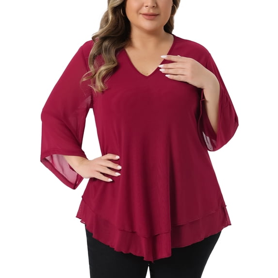 Agnes Orinda Plus Size Shirt for Women 3/4 Bell Sleeve V Neck Double Layers Chiffon Blouse Top 4X Burgundy