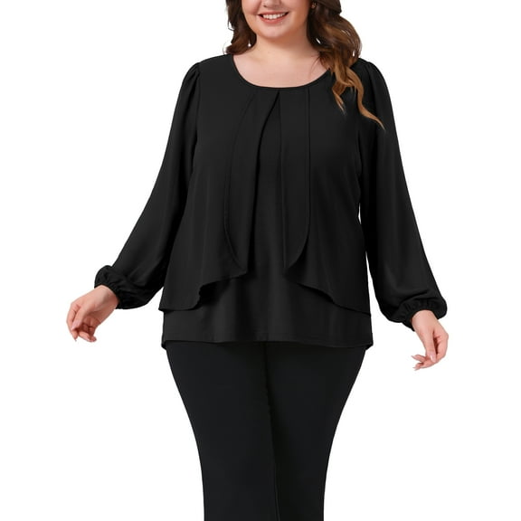 Agnes Orinda Women's Plus Size Chiffon Tops Layered Panel Flowy Round Neck Long Sleeve Dressy Elegant Blouse 3X Black