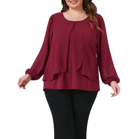Agnes Orinda Women's Plus Size Chiffon Tops Layered Panel Flowy Round Neck Long Sleeve Dressy Elegant Blouse 4X Burgundy