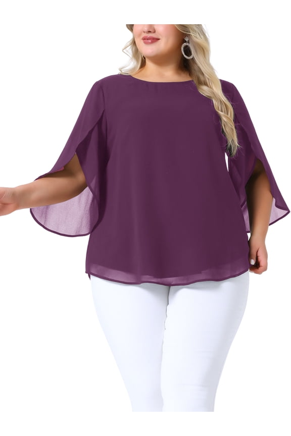 Women's Plus Size Chiffon Tops Petal 3/4 Sleeve Crew Neck Flowy Summer Casual Blouses 3X Dark Purple