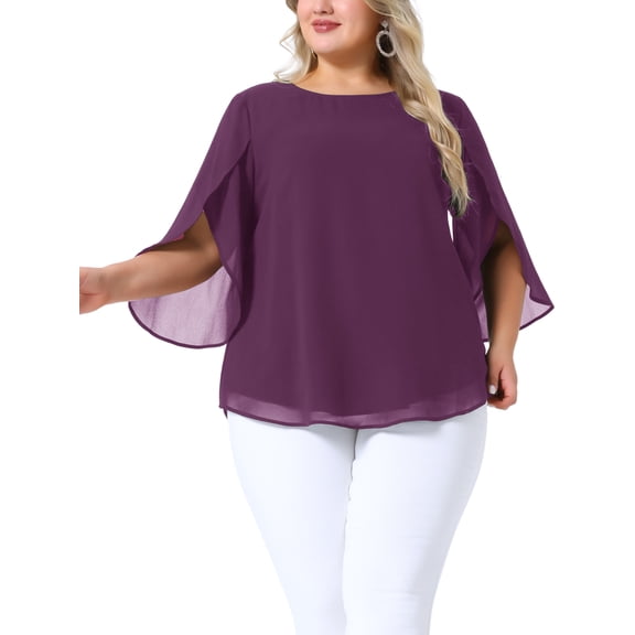 Agnes Orinda Women's Plus Size Chiffon Tops Petal 3/4 Sleeve Crew Neck Flowy Summer Casual Blouses 4X Dark Purple