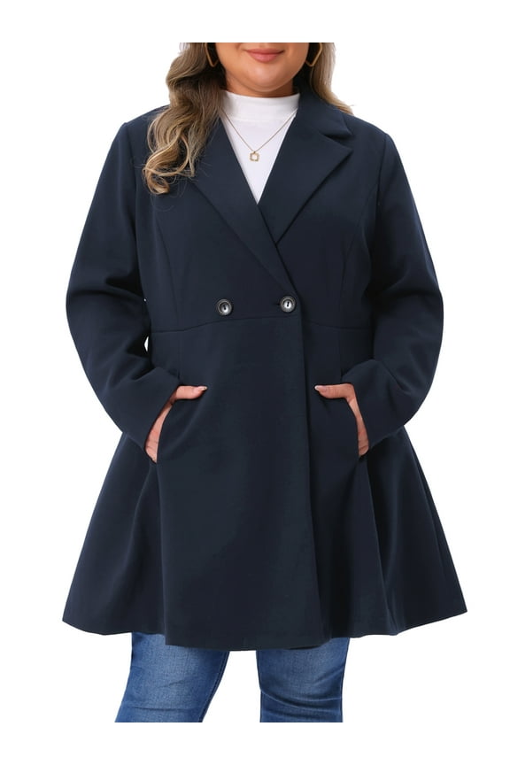 Women's Plus Size Coat A Line Notched Lapel Double Breasted Long Peacoat with Pockets 1X Dark Blue