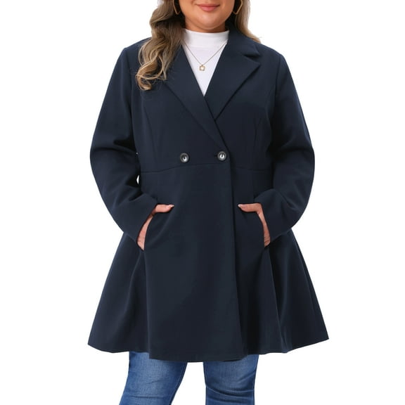 Agnes Orinda Women's Plus Size Coat A Line Notched Lapel Double Breasted Long Peacoat with Pockets 1X Dark Blue