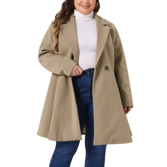Agnes Orinda Women's Plus Size Coat A Line Notched Lapel Double Breasted Long Peacoat with Pockets 1X Khaki
