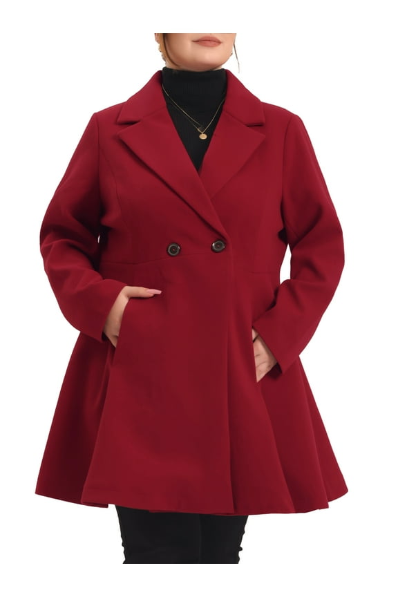 Women's Plus Size Coat A Line Notched Lapel Double Breasted Long Peacoat with Pockets 2X Burgundy
