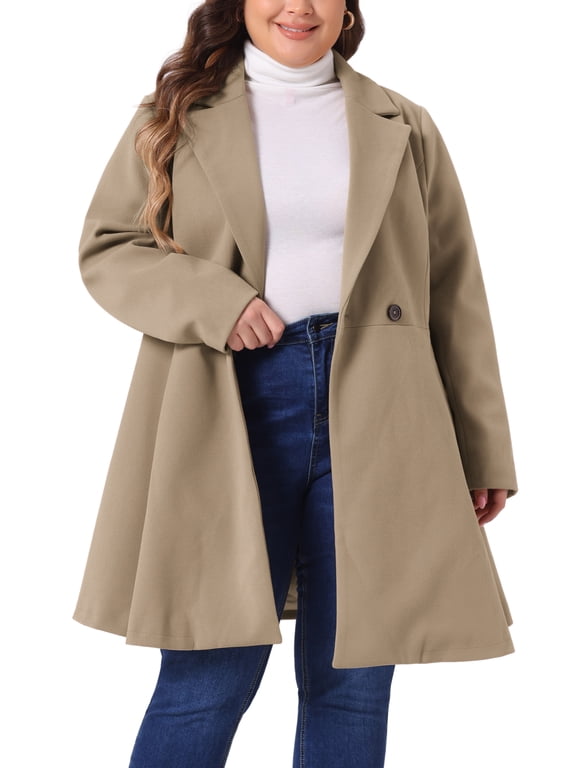 Women's Plus Size Coat A Line Notched Lapel Double Breasted Long Peacoat with Pockets 3X Khaki