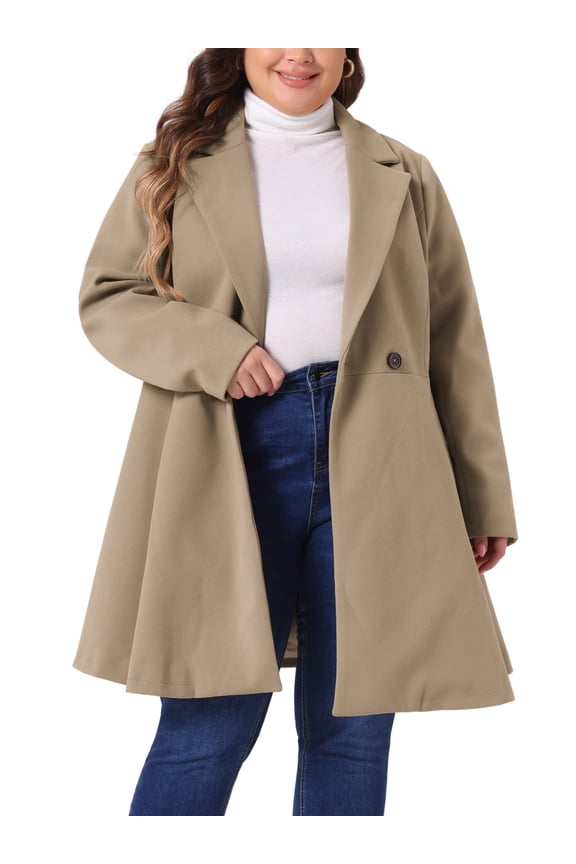 Women's Plus Size Coat A Line Notched Lapel Double Breasted Long Peacoat with Pockets 4X Khaki