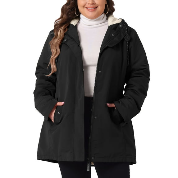 Agnes Orinda Women's Plus Size Windbreaker Coat Fleece Lined Hoodie Elastic Waist Zipper Button Long Sleeve Parka Jackets with Pockets 2X Black