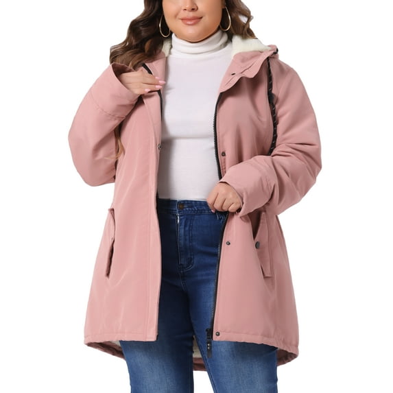 Agnes Orinda Women's Plus Size Coat Faux Lamb Fur Leather Button Down Long Sleeve Hoodie Jacket Outerwear with Pockets 2X Pink