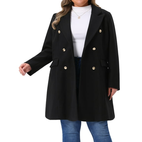 Agnes Orinda Women's  Plus?Size?Coat Long?Sleeve?Lapel Collar Double Breasted Elegant Pea Coat 1X Black
