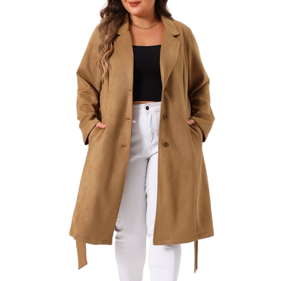 Agnes Orinda Women's Plus Size Coats Long Sleeve Suede Long Coat Outerwear with Pockets 2X Brown