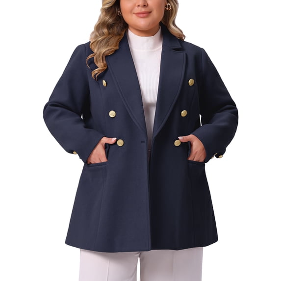 Agnes Orinda Women's Plus Size Coat Notch Double-Breasted Lapel Jacket Outwear Word Casual Coats with Pockets 2X Navy Blue