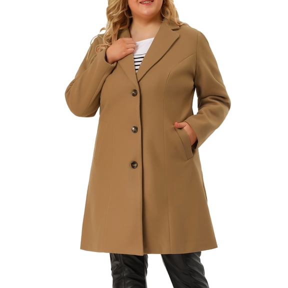 Agnes Orinda Women's Plus Size Coat Notched Lapel Single Breasted Long Winter Outerwear Coats with Pockets 1X Camel