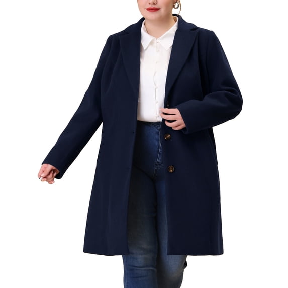 Agnes Orinda Women's Plus Size Coat Notched Lapel Single Breasted Long Winter Outerwear Coats with Pockets 1X Dark Blue