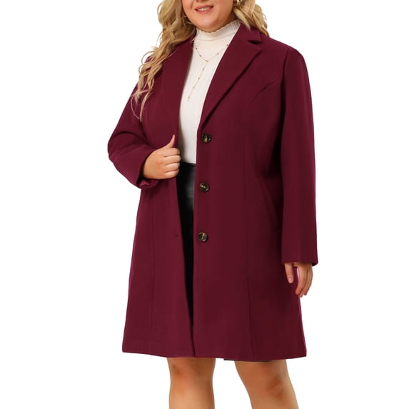 Agnes Orinda Women's Plus Size Coat Notched Lapel Single Breasted Long Winter Outerwear Coats with Pockets 1X Wine Red