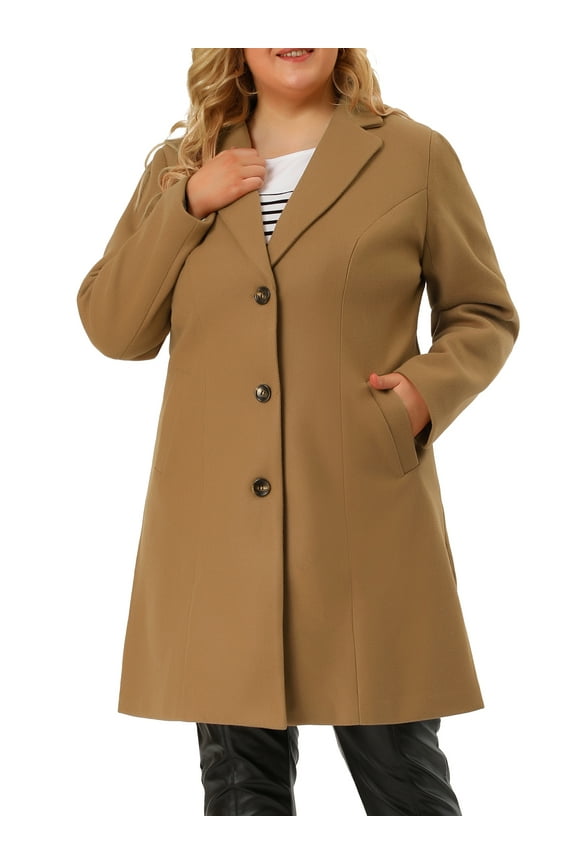 Women's Plus Size St. Patrick's Day Coat Notched Lapel Single Breasted Long Winter Outerwear Coats with Pockets 3X Camel