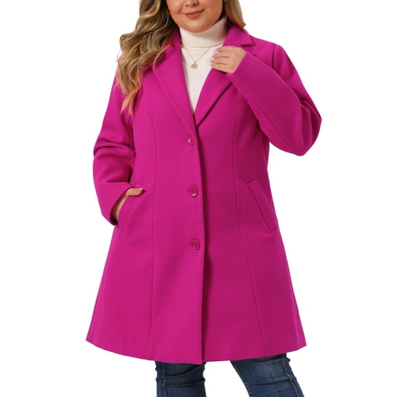 Agnes Orinda Women's Plus Size Coat Notched Lapel Single Breasted Long Winter Outerwear Coats with Pockets 4X Hot Pink