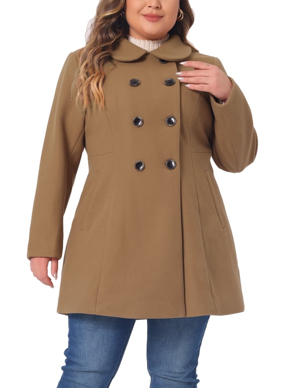 Women's Plus Size Coat Peter Pan Collar Double Breasted Winter Warm Coats with Pockets 2X Camel