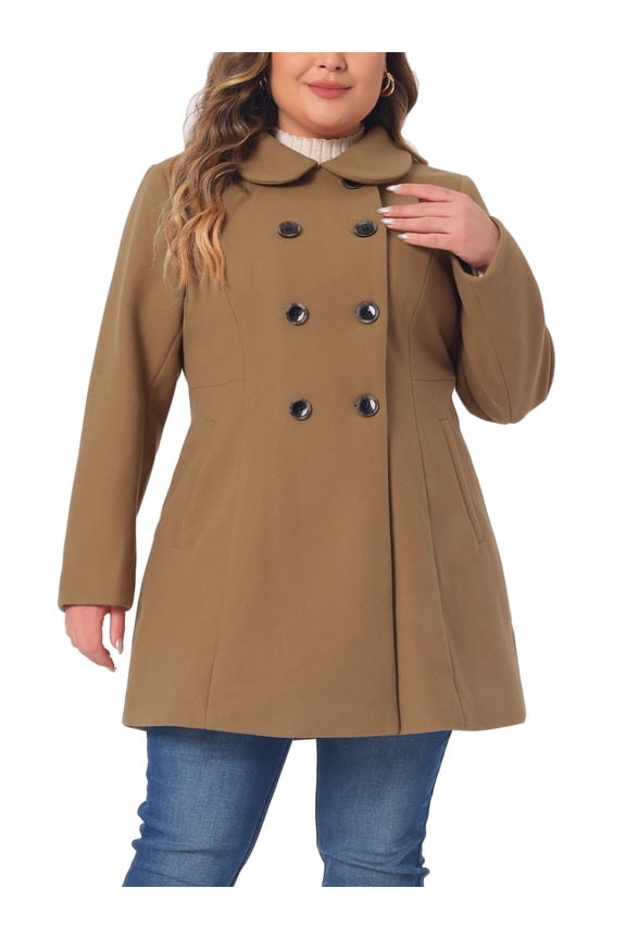 Women's Plus Size Coat Peter Pan Collar Double Breasted Winter Warm Coats with Pockets 2X Camel