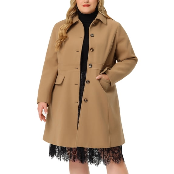 Agnes Orinda Women's Plus Size Coat Solid Single Breasted Long Fall Winter Outerwear with Pockets 3X Camel