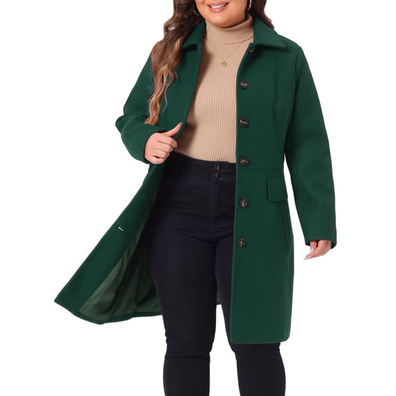 Agnes Orinda Women's Plus Size Coat Solid Single Breasted Long Fall Winter Outerwear with Pockets 4X Dark Green