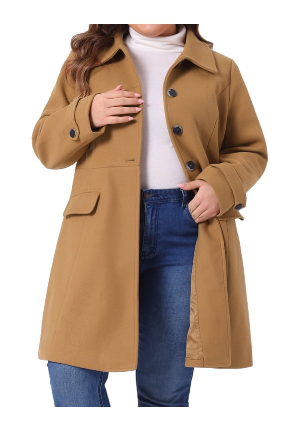 Women's Plus Size Coat Turndown Collar Single Breasted Warm Long Coats with Pocket 2X Camel