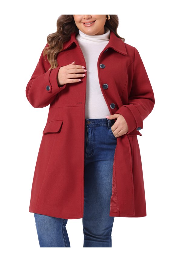 Women's Plus Size Coat Turndown Collar Single Breasted Warm Long Coats with Pocket 3X Red