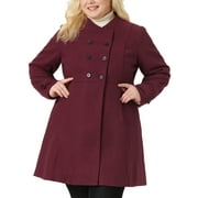 AGNES ORINDA Women's Plus Size Coat Stand Collar Double Breasted Trendy Winter Coats Jackets with Pockets 1X Burgundy