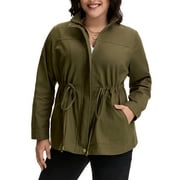 AGNES ORINDA Women's Plus Size Jackets Long Sleeve Drawstring Waist Anorak Coats with Pockets 1X Army Green