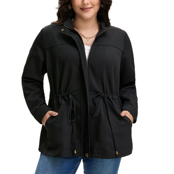 Agnes Orinda Women's Plus Size Jackets Long Sleeve Drawstring Waist Anorak Coats with Pockets 1X Black