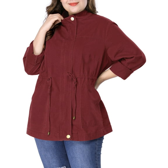 Agnes Orinda Women's Plus Size Jackets Long Sleeve Drawstring Waist Anorak Coats with Pockets 1X Burgundy