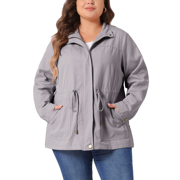 Agnes Orinda Women's Plus Size Jackets Long Sleeve Drawstring Waist Anorak Coats with Pockets 1X Light Grey