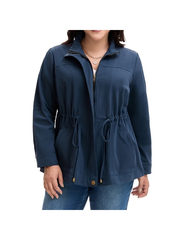 Women's Plus Size Jackets Long Sleeve Drawstring Waist Anorak Coats with Pockets 2X Dark Blue