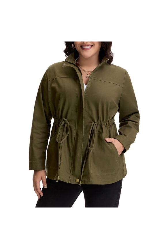Women's Plus Size Jackets Long Sleeve Drawstring Waist Anorak Coats with Pockets 3X Army Green
