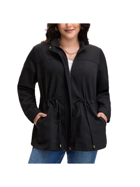 Women's Plus Size Jackets Long Sleeve Drawstring Waist Anorak Coats with Pockets 3X Black
