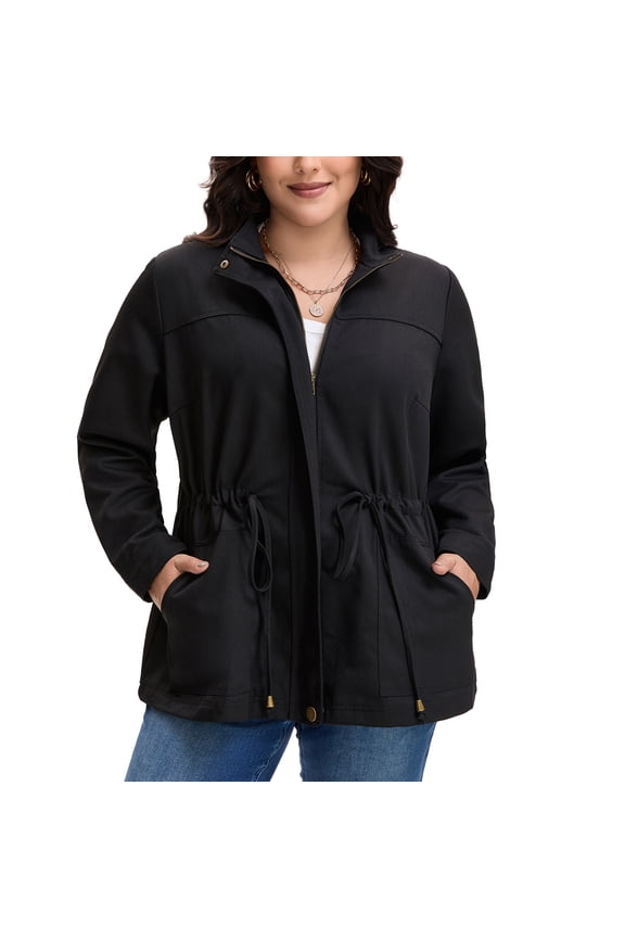 Women's Plus Size Jackets Long Sleeve Drawstring Waist Anorak Coats with Pockets 3X Black