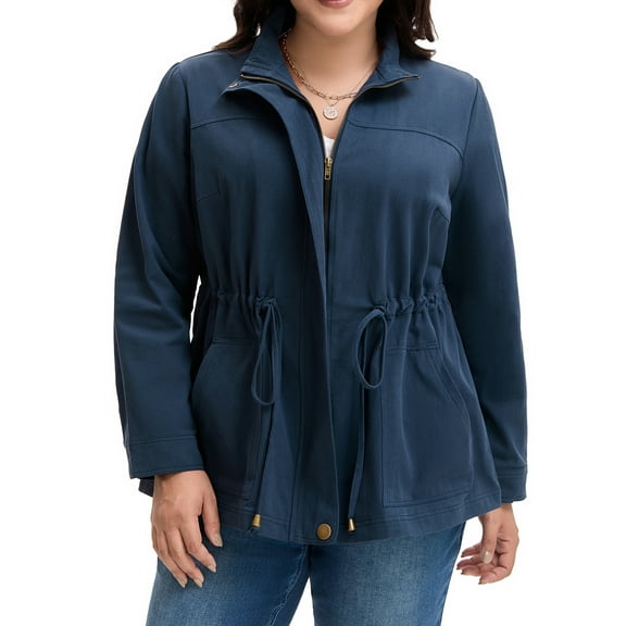 Agnes Orinda Women's Plus Size Jackets Long Sleeve Drawstring Waist Anorak Coats with Pockets 3X Dark Blue