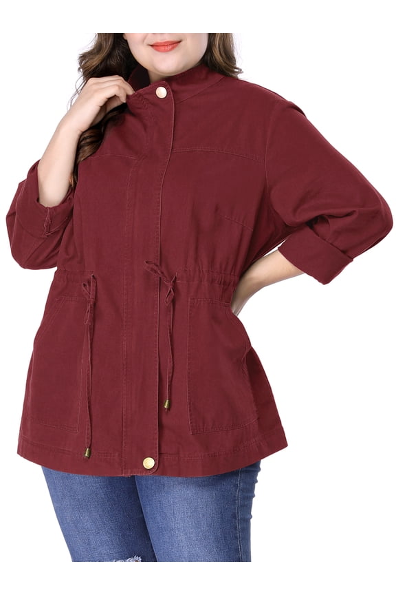 Women's Plus Size Jackets Long Sleeve Drawstring Waist Anorak Coats with Pockets 4X Burgundy