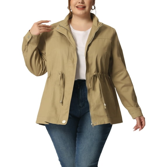 Agnes Orinda Women's Plus Size Jackets Long Sleeve Drawstring Waist Anorak Coats with Pockets 4X Light Khaki