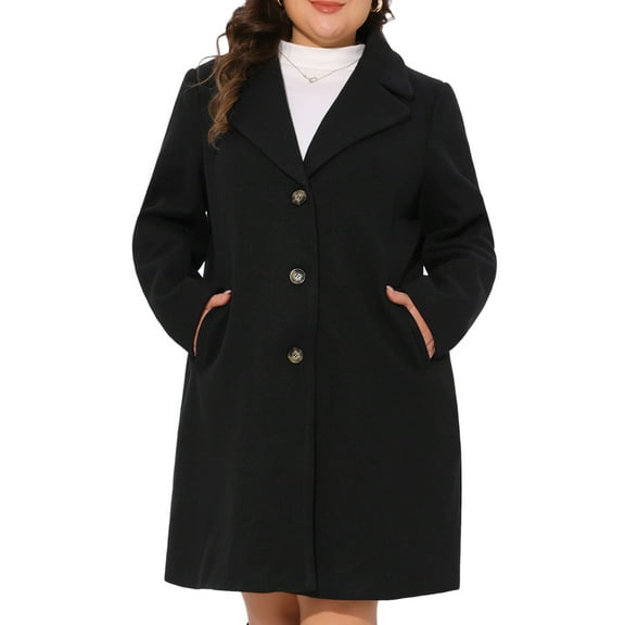 Agnes Orinda Women's Plus Size Coats Long Sleeve Single Breasted Notched Lapel Fall Winter Coat 2X Black