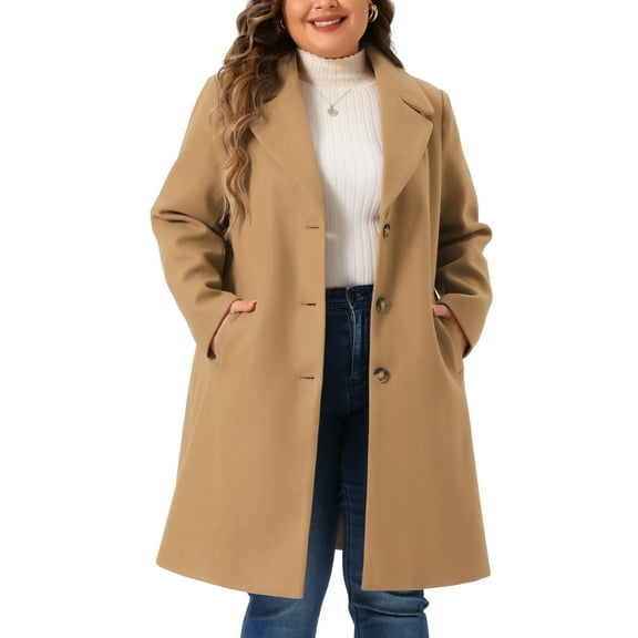 Agnes Orinda Women's Plus Size Coats Long Sleeve Single Breasted Notched Lapel Fall Winter Coat 2X Camel
