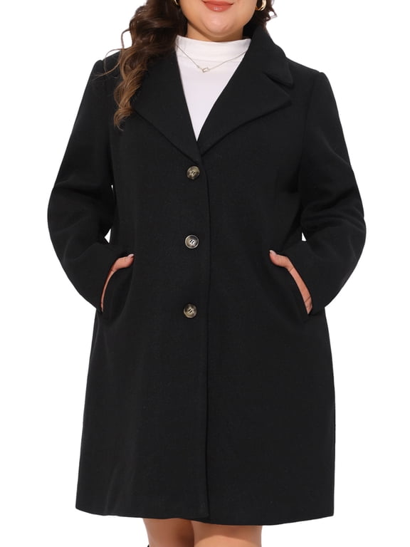 Women's Plus Size Coats Long Sleeve Single Breasted Notched Lapel Fall Winter Coat 4X Black