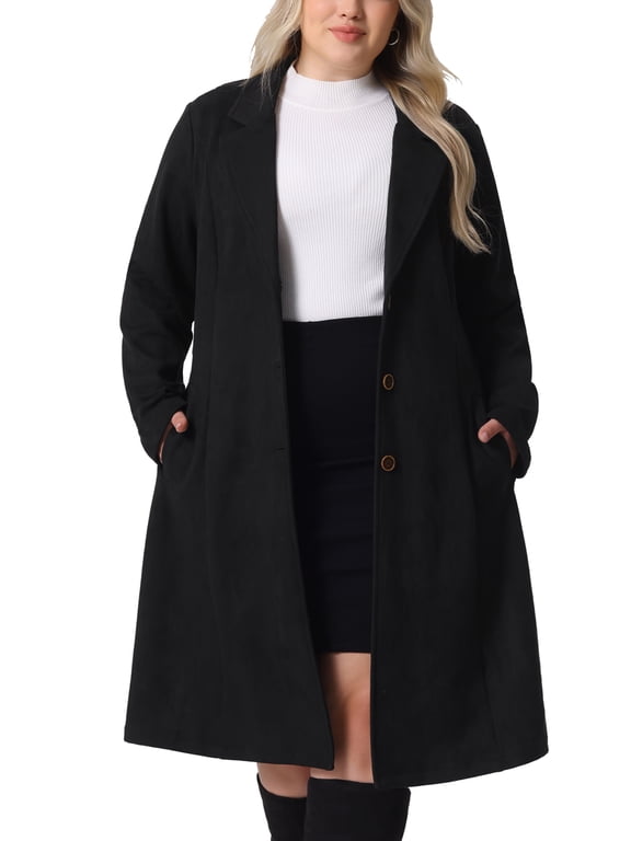 Women's Plus Size Coats Long Sleeve Suede Long Coat Outerwear with Pockets 1X Black